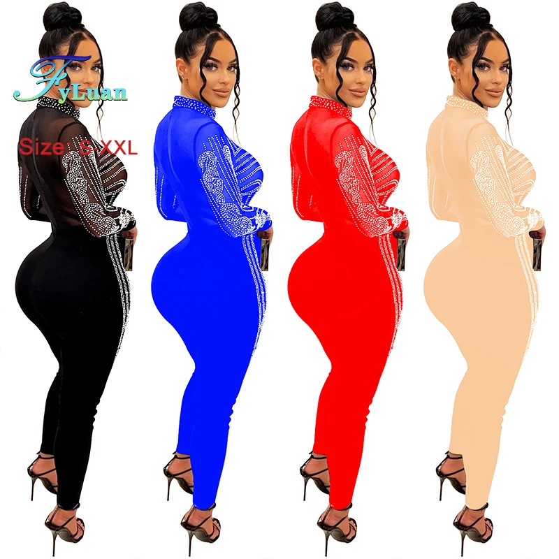2025 繊細な女性ジャンプスーツタイトフィット長袖メッシュ透視パンツセット O ネックホットラインストーンクラブカジュアルオーバーオール
