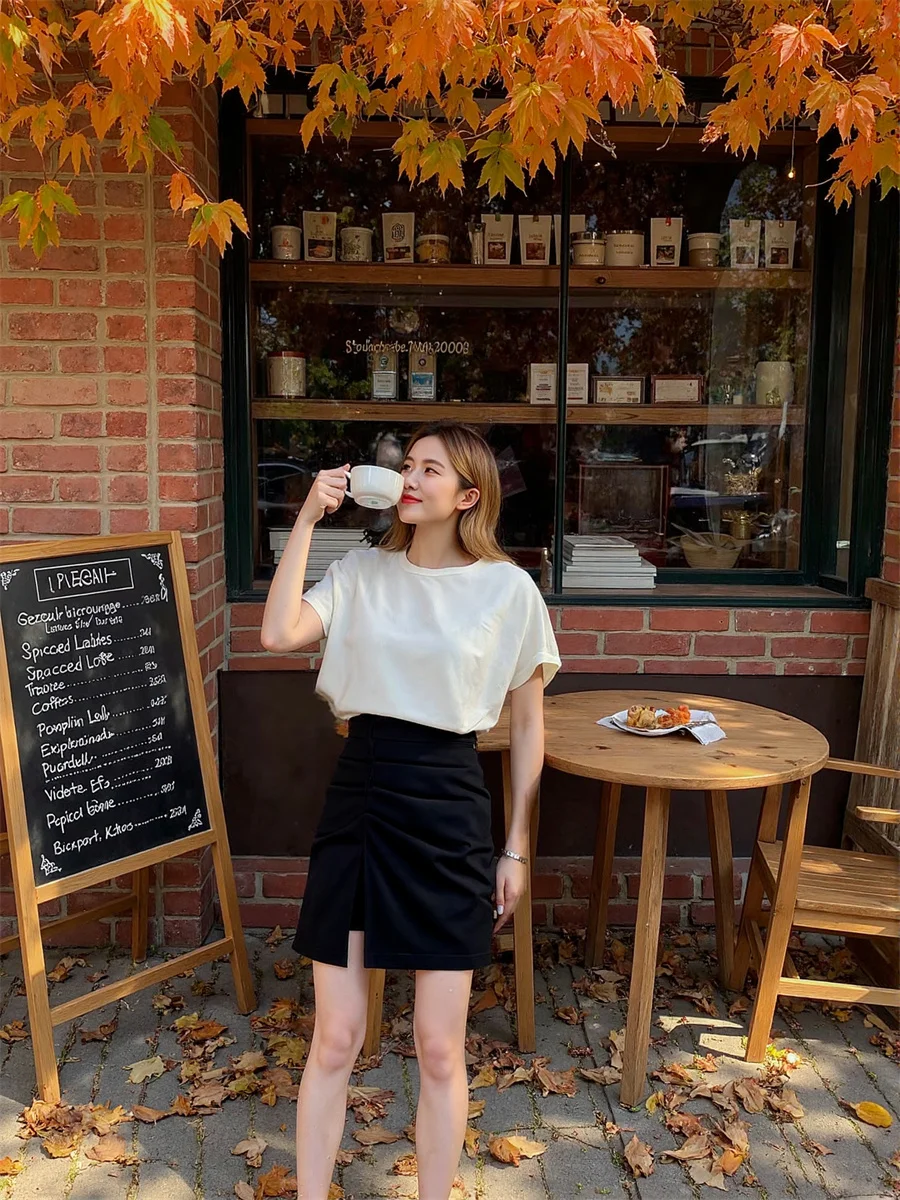 

Pleated Hem Slit White Black Skirts Womens Tiered Ruffle Cake Waist Artistic Modern Layered Sweet Feminina Chic Classic