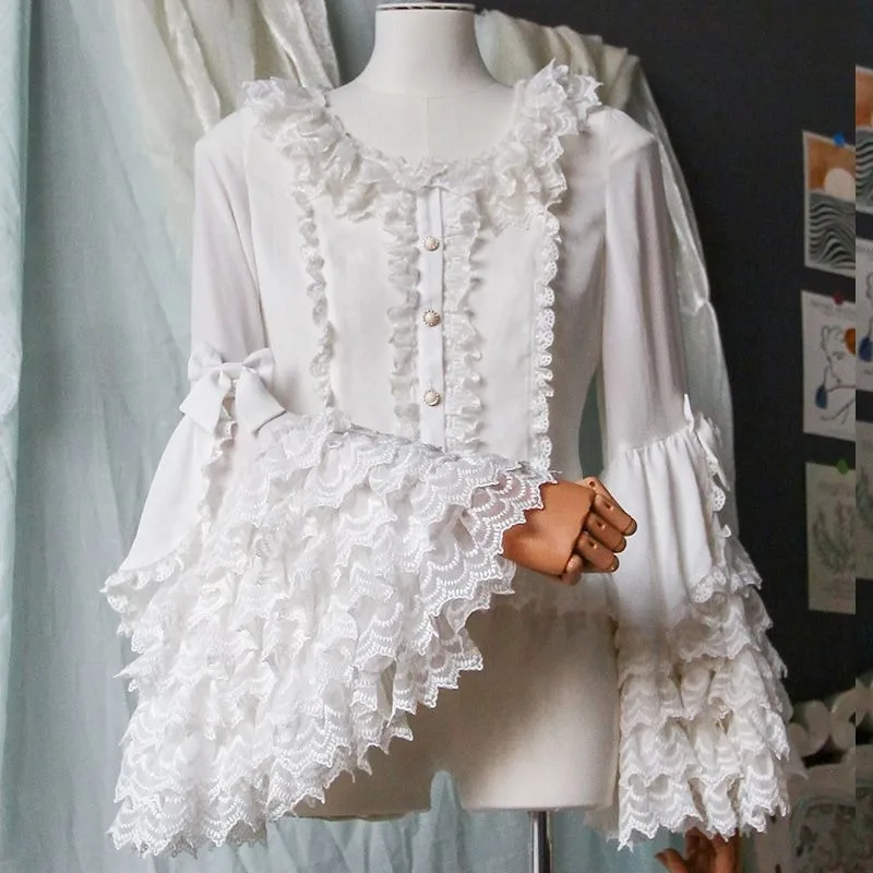 Victorian Gothic Lolita Blouses Women Elegant Lace Patchwork Flare Long Sleeves Shirt Y2k Girls Kawaii Vintage Blusas Mujer Tops