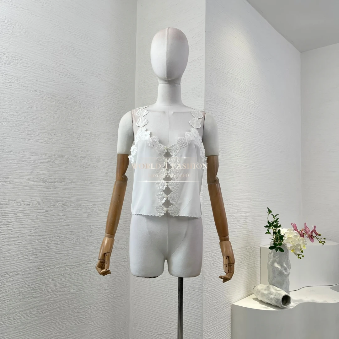 

White Sleeveless Ruffles Frilled Embroidery Floral Short Blouse Tops 2025 New Design Pure Silk