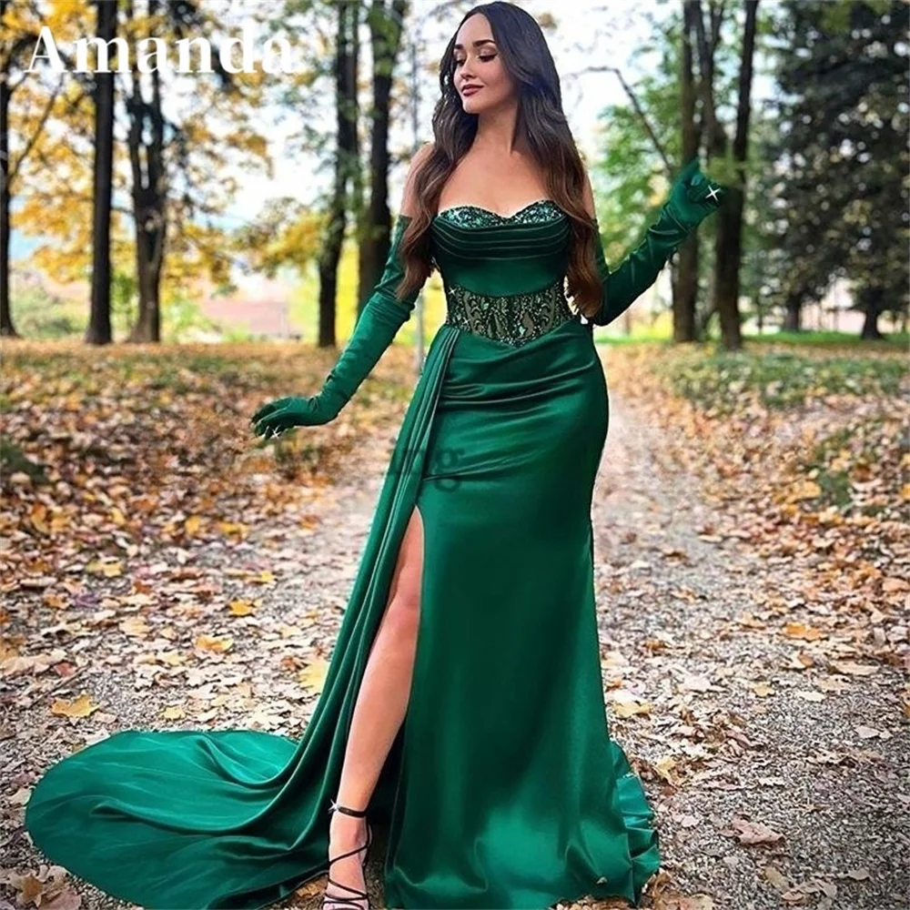 Amanda Elegant Sequins Vestidos De Noche Silk Green Mermaid فساتين مناسبة رسمية Sexy Side Split Fishtail Prom Dress 2023