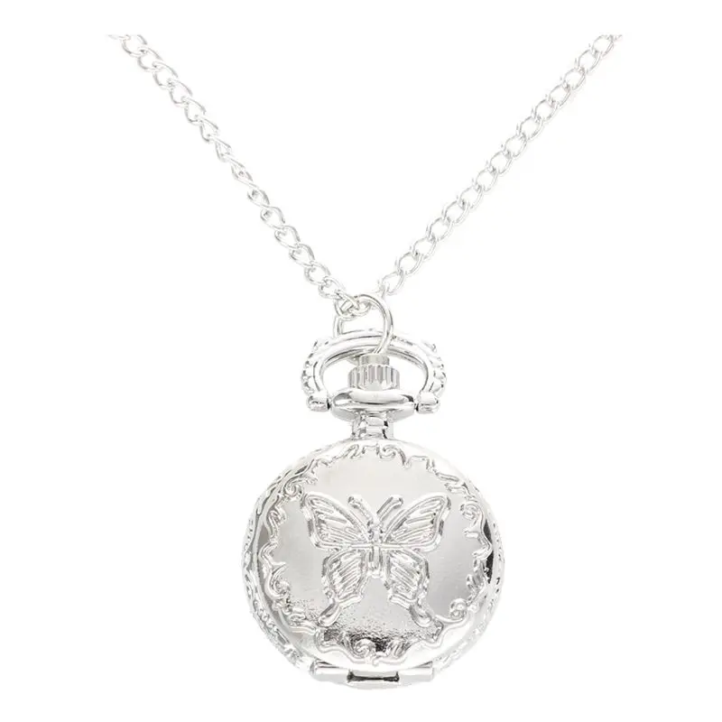 Silver Quartz Butterfly Arabic Numerals Pocket Watch With Vintage Necklace