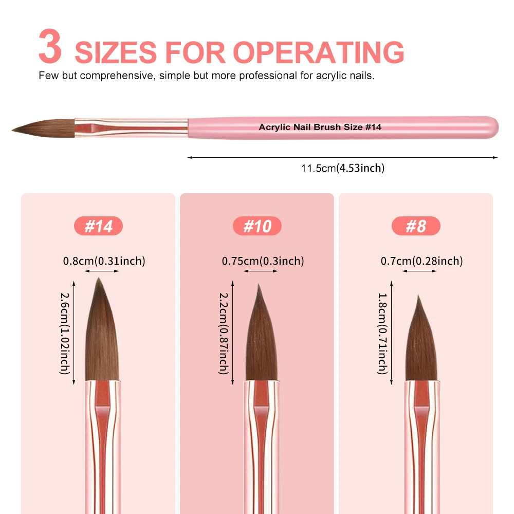 3Pcs/Set Acrylic Nail Art Brushes 8/10/14mm Pink Wooden Rod Crystal Pen For Acrylic Powder Extension&Carving Manicure Salon Tool