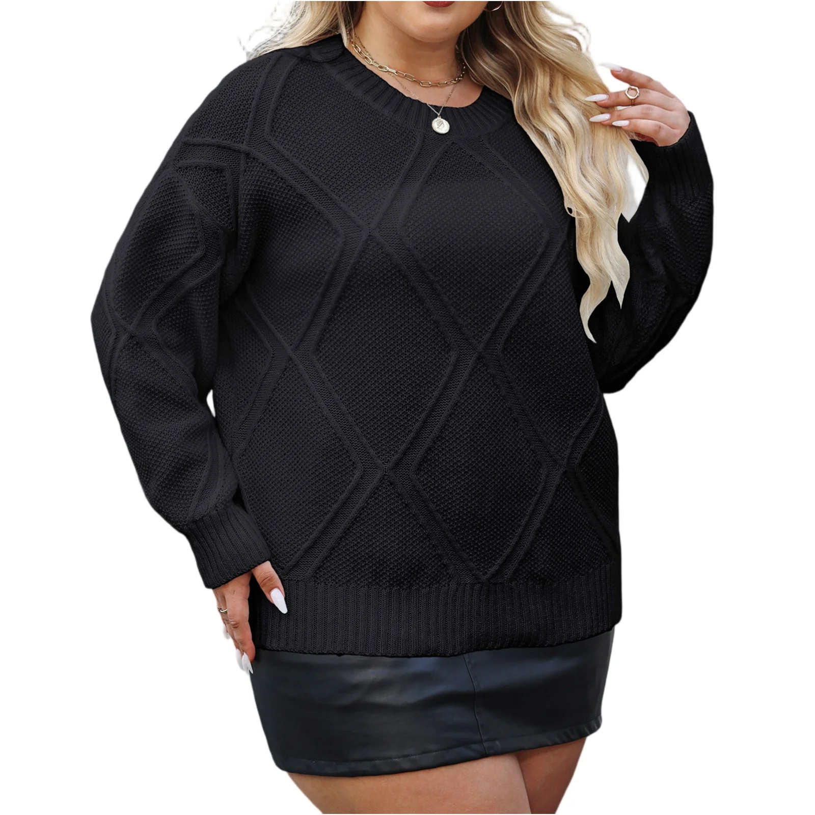 Suéter informal con estampado de diamantes para mujer, jersey de talla grande, Top de manga larga de Color sólido, suéteres de Base cálidos para otoño e invierno