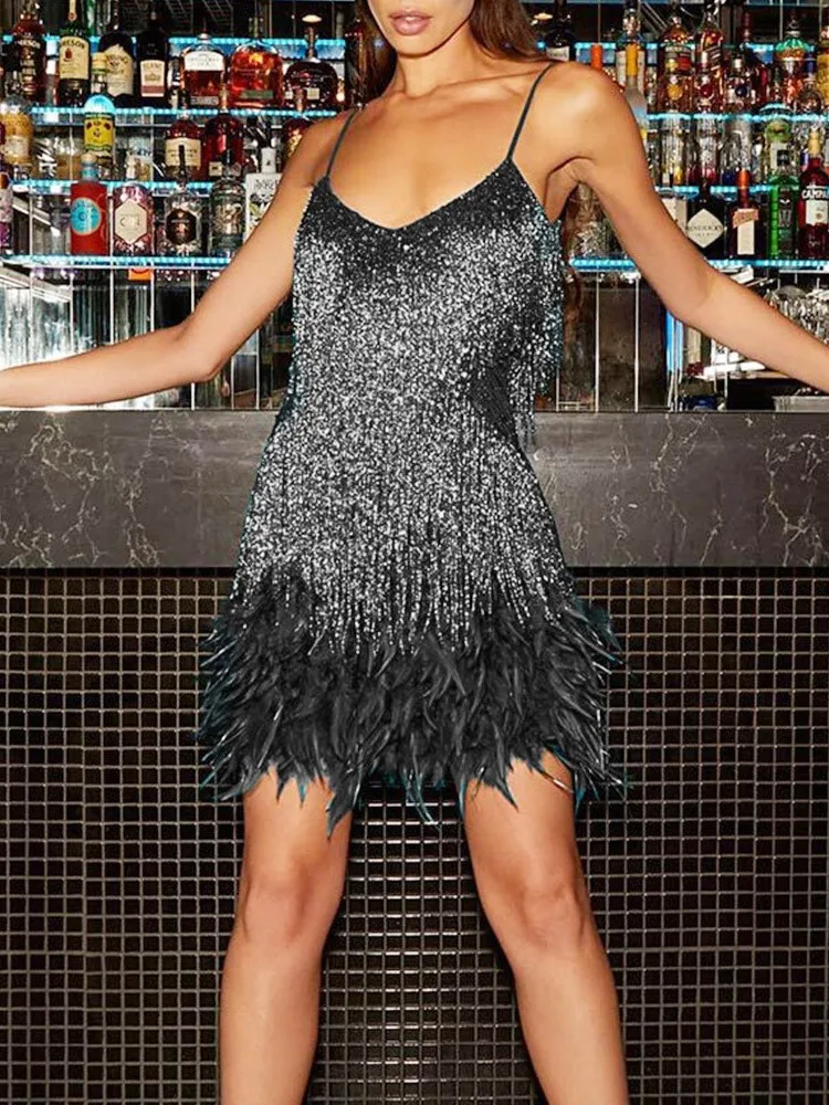 Zomer Mode Elegante Kwastje Pailletten Jurk Vrouwen Sexy Slanke Mouwloze V-hals Hoge Taille Jarretel Veer Stiksels Jurken