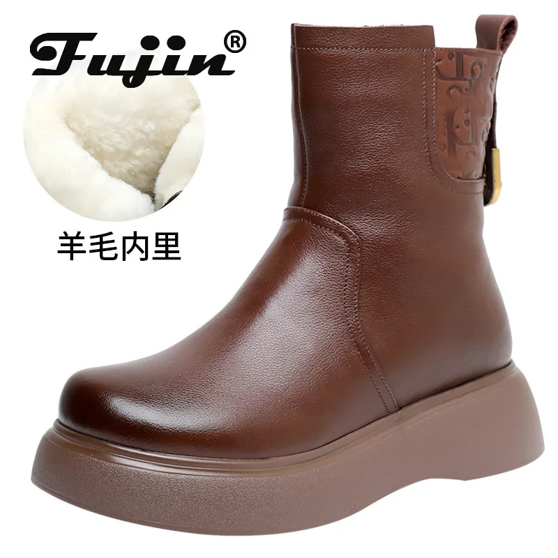 

Fujin 5cm Comfy Ladies Autumn Plush Winter Flats British Big Size Shoes Cow Genuine Leather Mid Calf Spring Women Ankle Boots