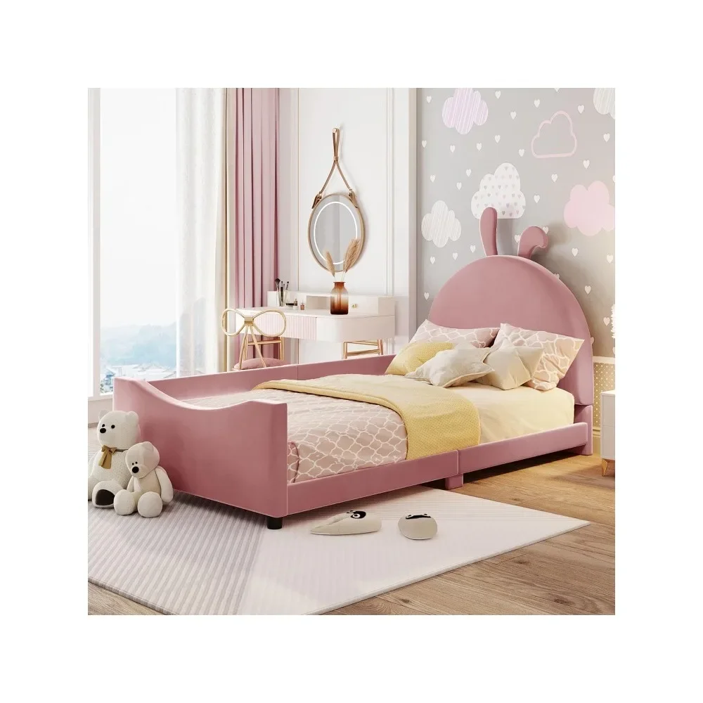 

Bed frame, double soft padded bed with rabbit ear shaped headboard and durable wooden frame, velvet platform bed frame