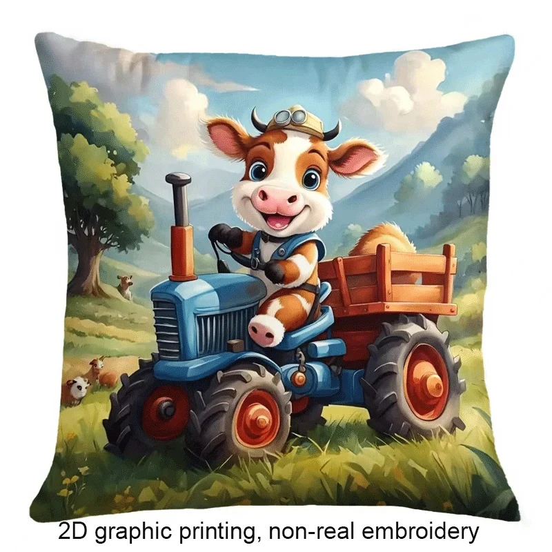Cute Cartoon Cow on Tractor Pillow Case for Sofa Couch Throw Cushion Decorative Home Decor Gift