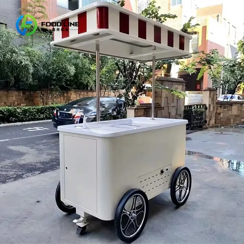 Customized Commercial Stainless Steel 4-Wheel Ice Cream Bike Compact Mini Ice Cream Dessert Hand Push Cart for Snack Food