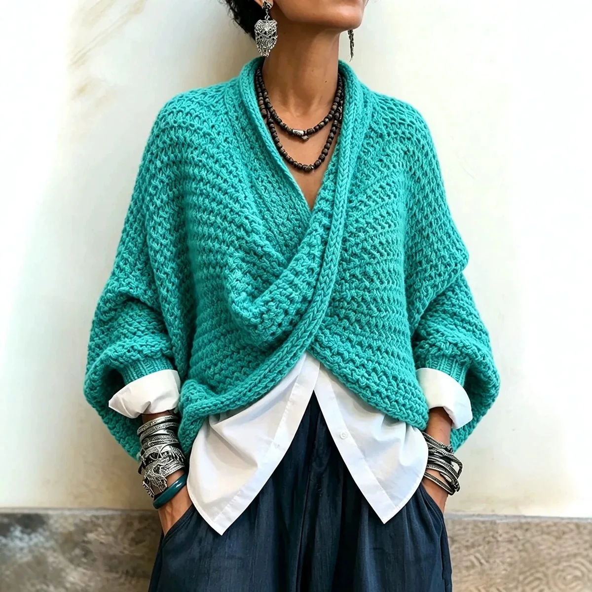 Women's Autumn Thick Textured Front Knitted Jumper Knitted Cross Sweater V-neck Loose Batball Sleeve Bohemian Daily Knitted Top 3