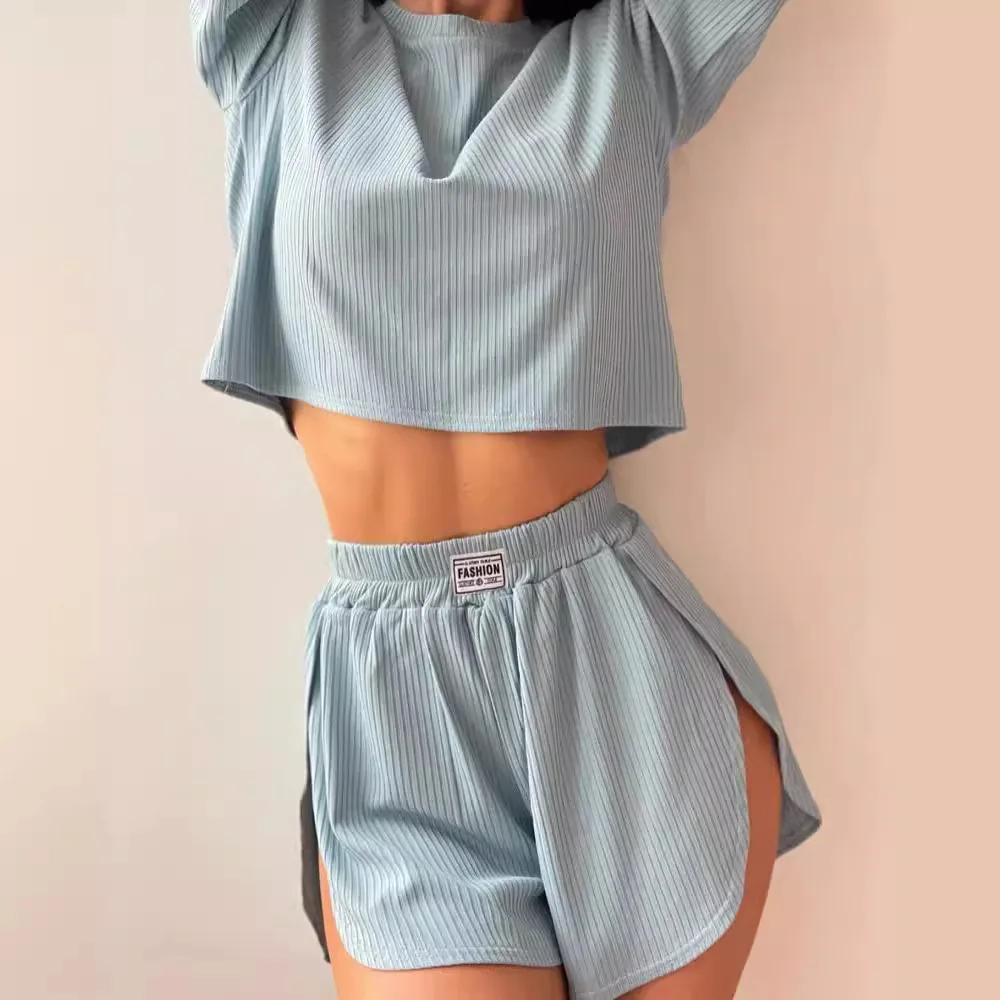 Linad Knitted Pajamas For Women 2 Piece Sets Loose Short Sleeve O Neck Crop Top Casual Female Suits With Shorts Summer Sleepwear