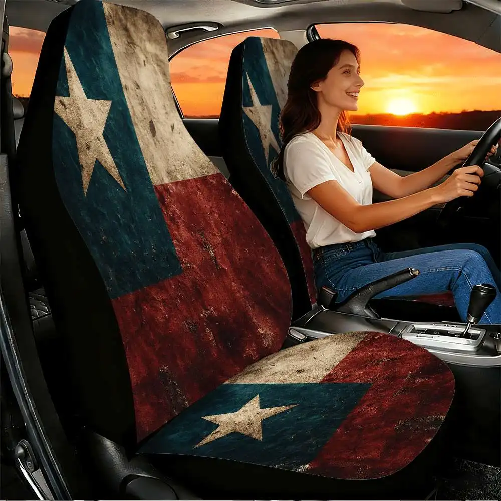 Set Of 2 Retro Texas State Flag Seat Covers Designed For Front Seats, Featuring A High Back Style Made From Polyester, Compatibl