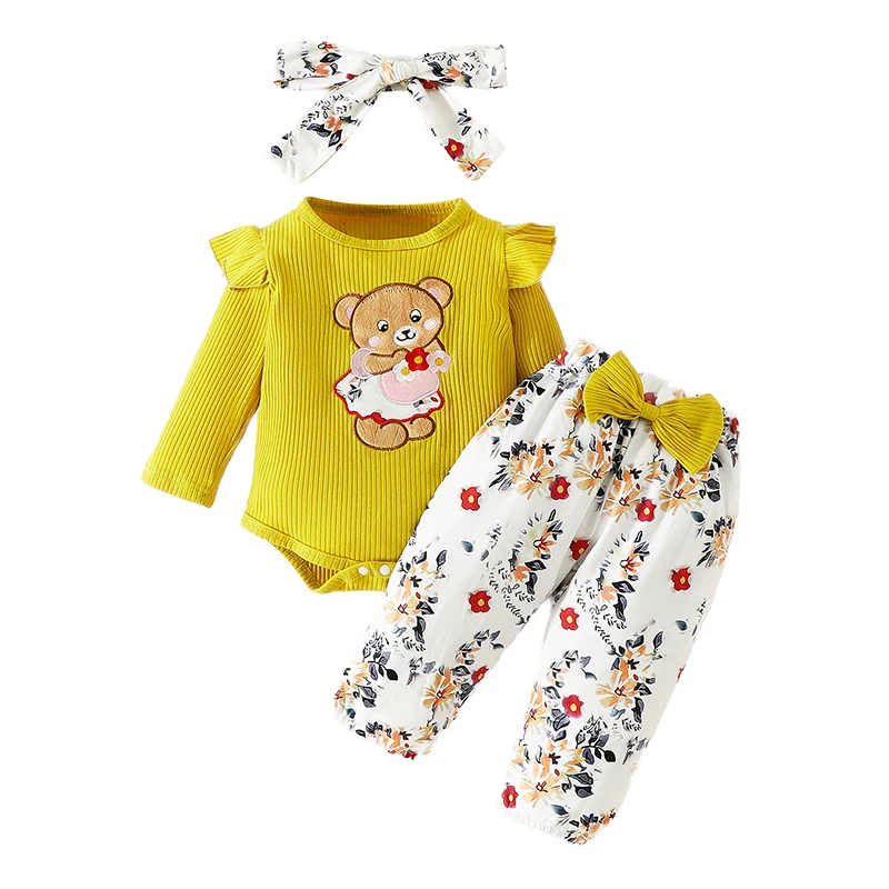 Newborn Baby Girl Clothing 3-18 Months Pit Stripe Long Sleeve Bodysuit Printed Bow Pants 3pcs Suits Baby Set