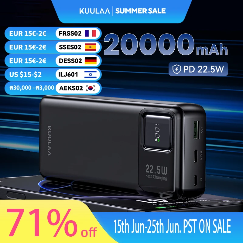 

KUULAA Power Bank 20000mAh External Battery Large Capacity 22.5W Fast Charging Portable Charger For iPhone xiaomi poco Powerbank