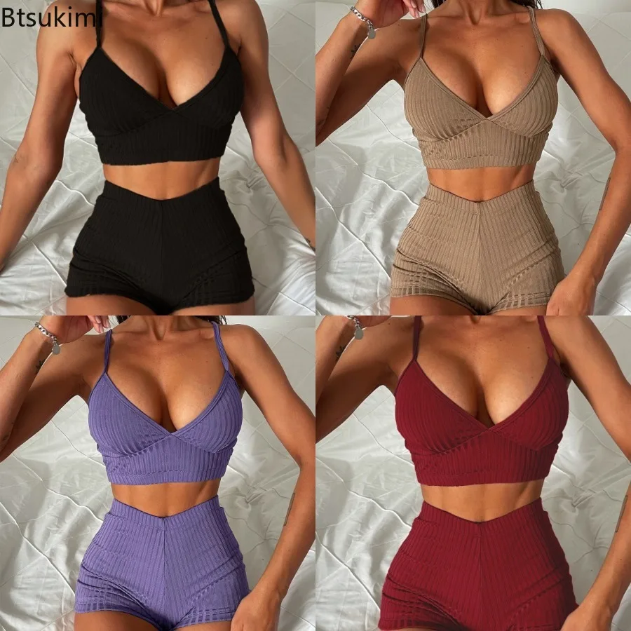 Summer Ribbed Shorts Female Swimsuit High Waist Bikini Women Swimwear Two-pieces Bikini Set Padded Bather Bathing Suit Swim Lady
