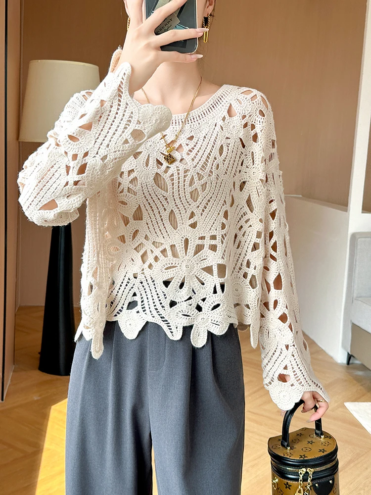 New Arrivals Women's Pullover Knitted Openwork Embroidery Crew Neck 100% Cashmere 2025 Loose Outerwear Layering