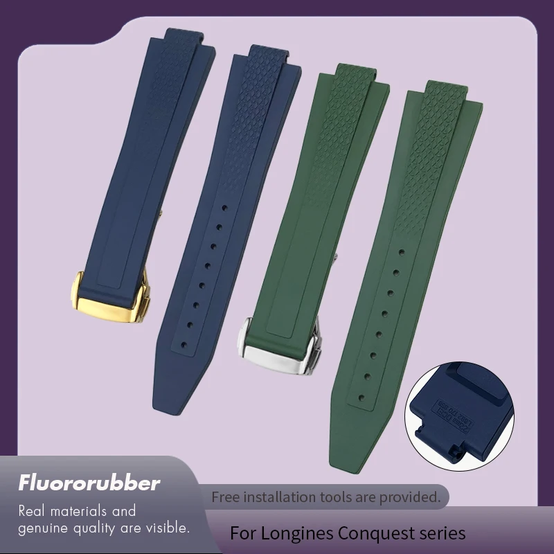 Correa de reloj de caucho FKM convexa de alta calidad de 21 mm y 22 mm para Longines L3.830 L3.835 Conquest GMT, correa de reloj de fluorocarbono impermeable