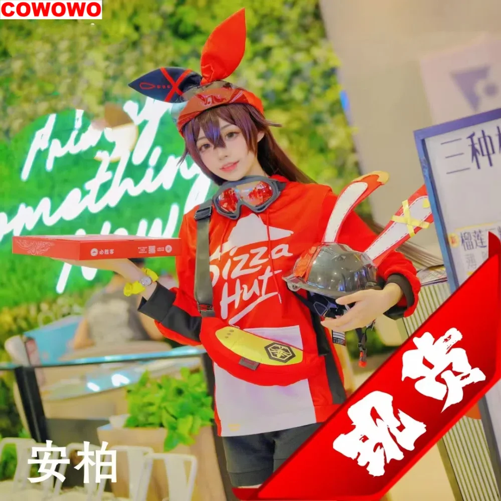 COWOWO Anime Genshin Impact Amber Pizza Hut Linkage Waiter Game Suit Lovely Uniform Cosplay Costume Halloween Party Outfit