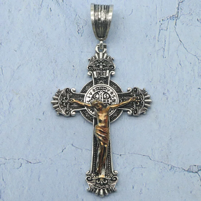 Compre 3 y obtenga 1 gratis 16 g de fe y protección: crucifijo de acero inoxidable y medalla de San Benito colgante para hombre SheCrown