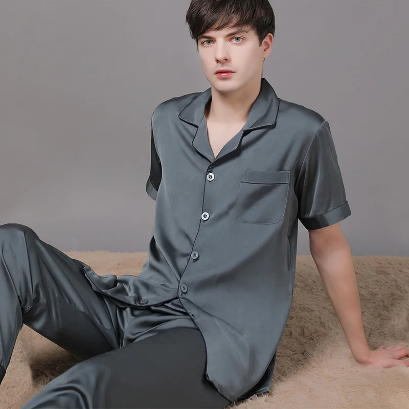 2022 New Short Sleeve Long Pants Spring/Summer Men's Pajamas Ice Silk Homewear Solid Color