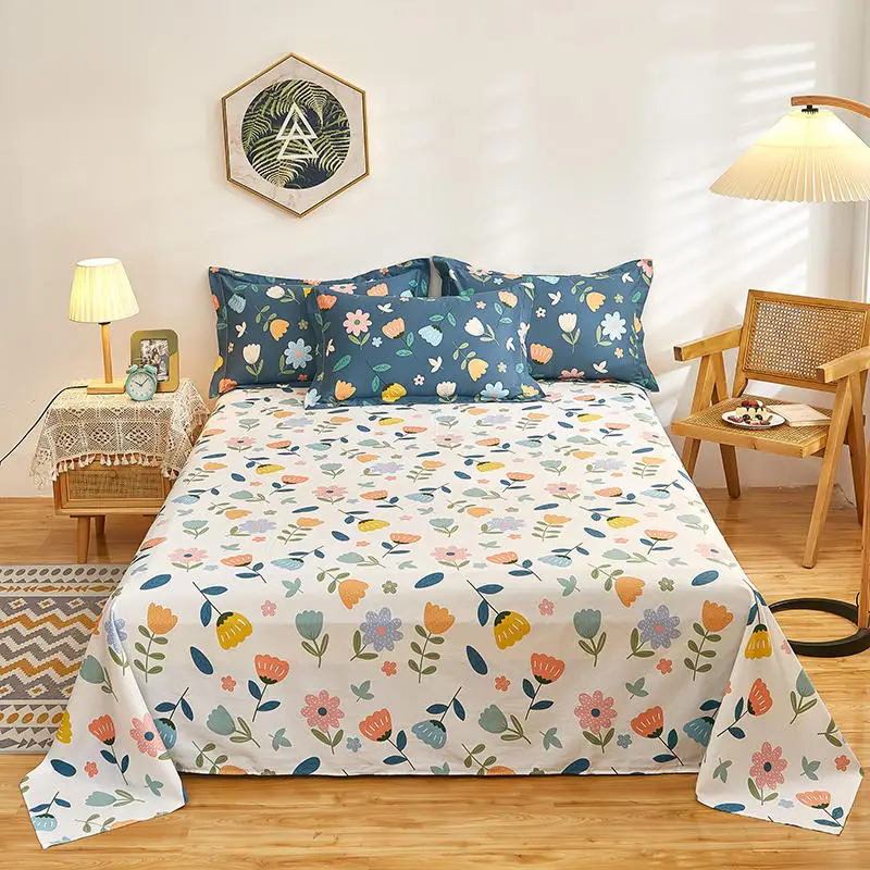 100% High Quality Cotton Print 1 Flat Sheet (Without Pillowcase) Plant Flowers Suitable for Twin Bed Soft and Breathable