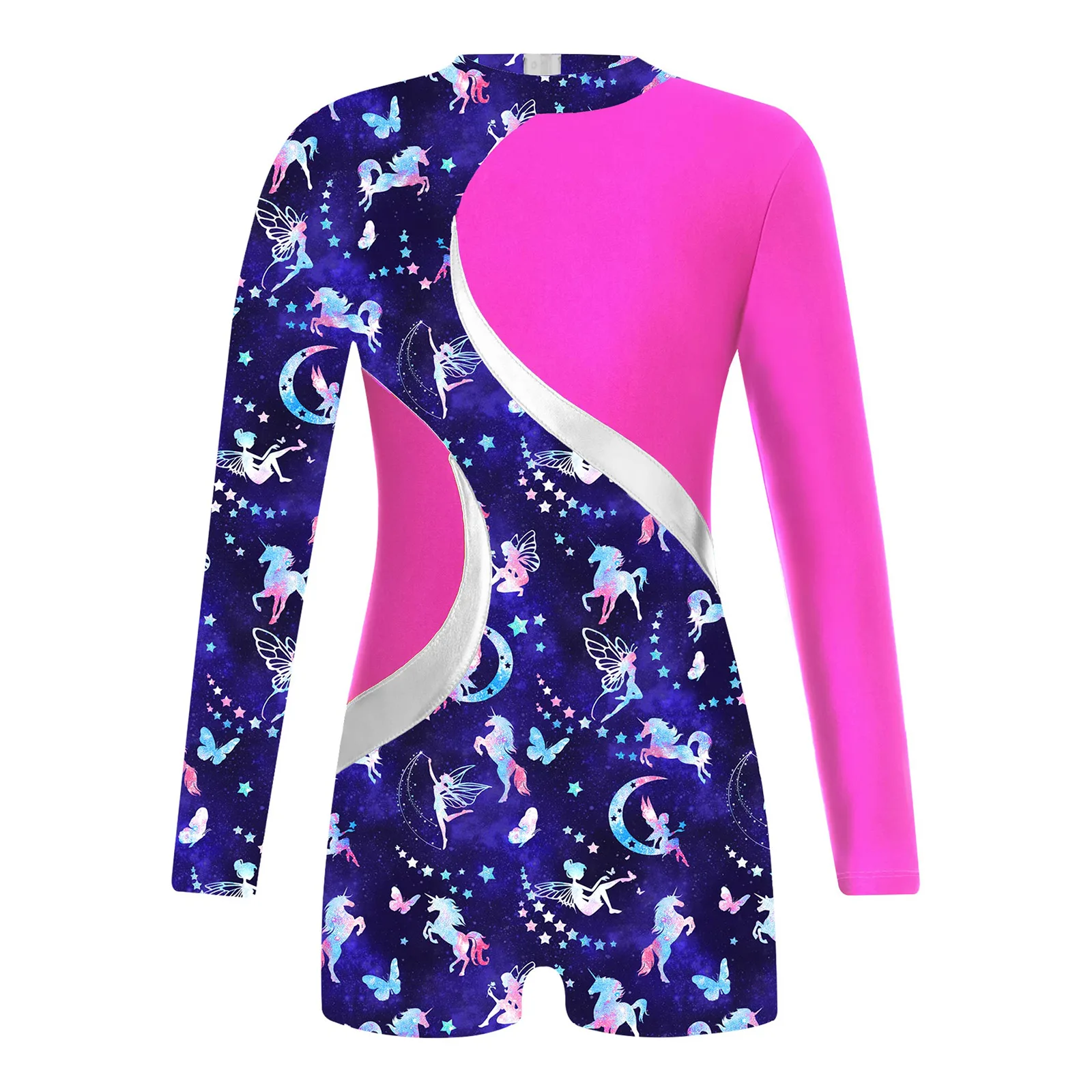 Kids Girls Print Ballet Dance Leotard Long Sleeve Gymnastics Jumpsuit Keyhole Back Patchwork Boyleg Sport Athletic Bodysuit