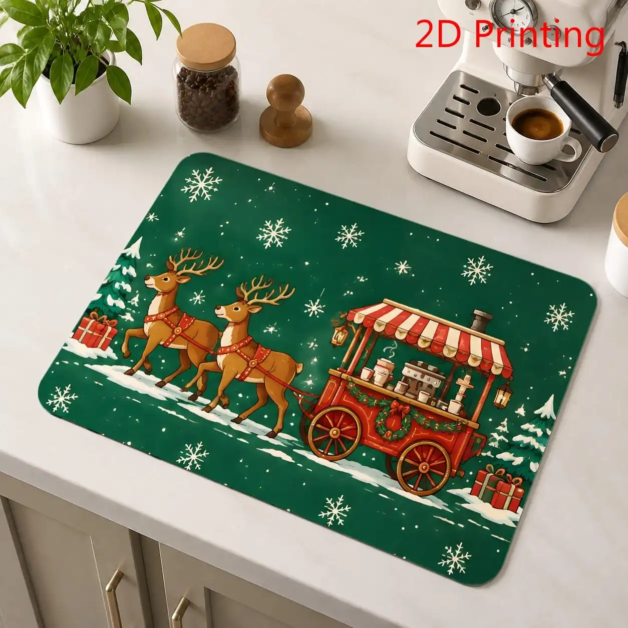 Dish Drying Mat 2D Printing Christmas Gift Box Cushion Super Absorbent Candy Cane Pattern Kitchen Countertop Placement
