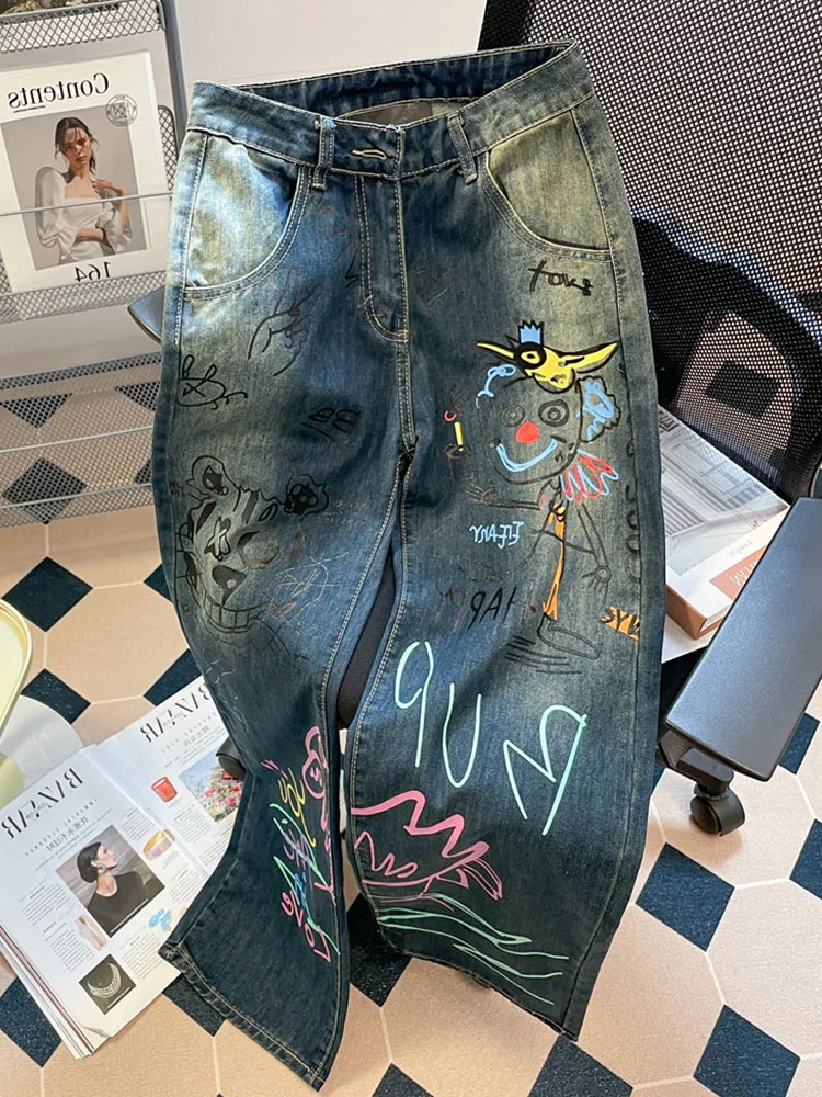 

American Style Vintage High Street Painted Jeans Women High Waist Slim Wide Leg Pants Autumn 2024 Fashion Loose Denim Trousers