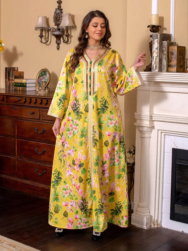 

Floral Abaya Evening Long Dress for Women Beaded Trimming Gulf Jalabiya Caftan Muslim Ramadan Eid Moroccan Printed Kaftan