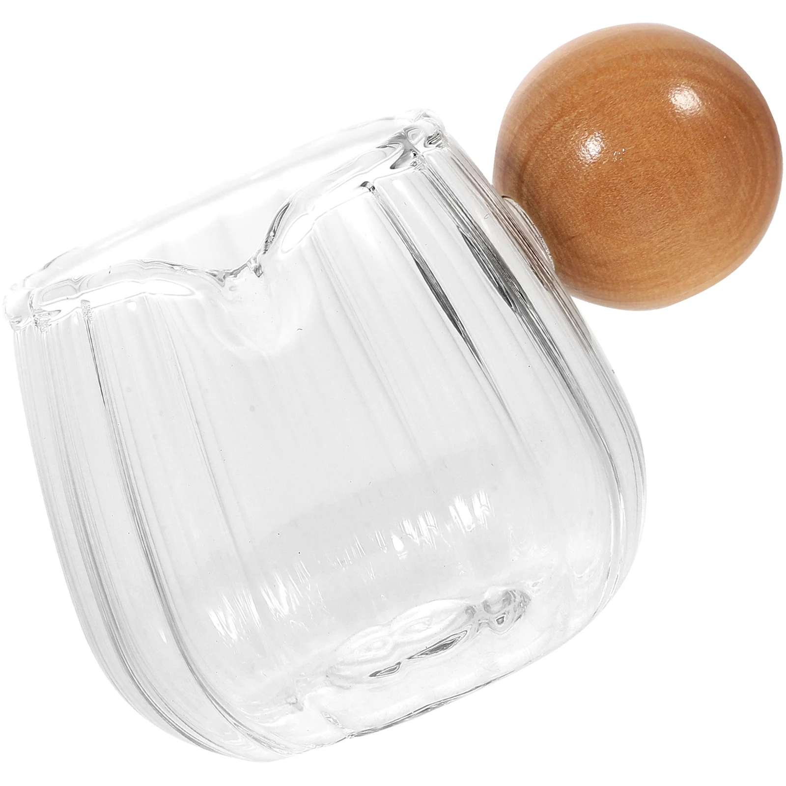 

Small Glass Pitcher Striped Milk Bottle Frothing Dispenser Clear Pouring Jug Creamer Syrup Pourer Sauce Container Wooden Handle