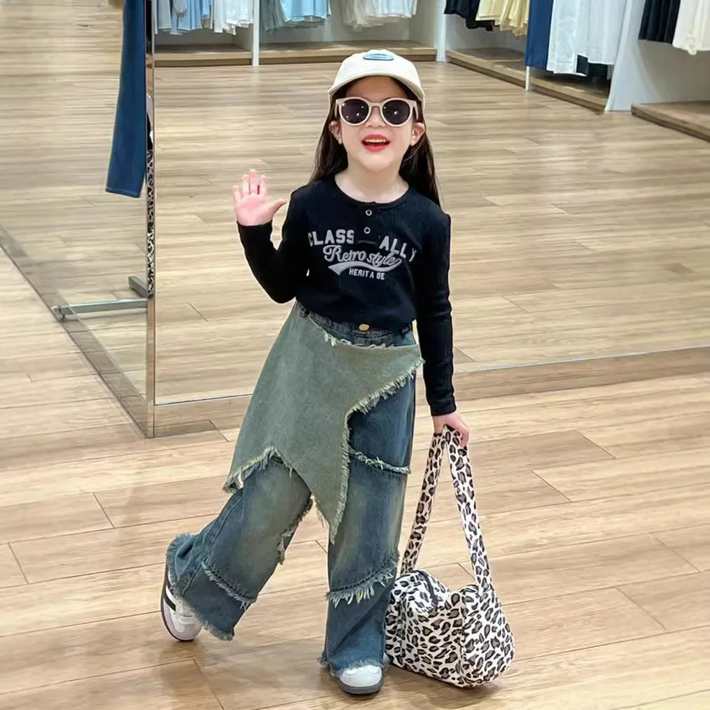 Trendy Girl  2025 Autumn American Spice Girl  Splicing Fashionable Denim Trousers Fashion Cool Pants