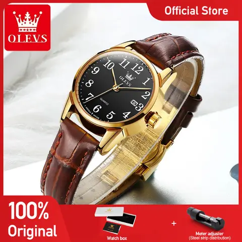 OLEVS 5566 Women Watch Original Watch Arabic Numerals Quartz Watch Waterproof Luminous Leather Strap Date Watch Bracelet Set