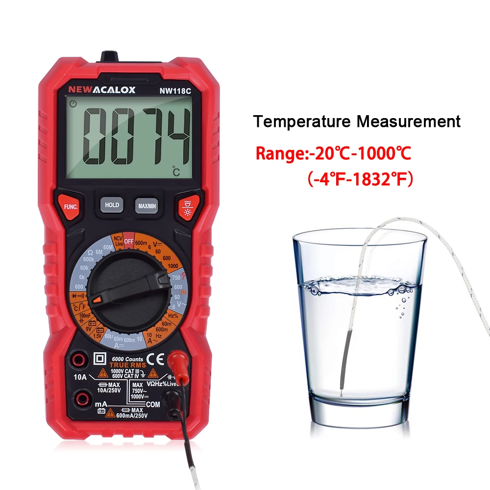 Intelligent Digital Multimeter with 6000 Counters, TRMS Auto-Ranging, LCD Color Display, Measures Voltage Current Resistance