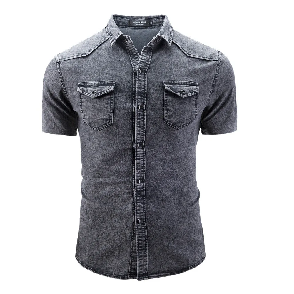 New Men's Fashion Short Sleeve Denim Shirt Soft Solid Color Slim Fit Cowboy Top for Men