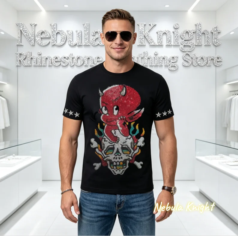 Hot Sale Men Bling Crystal Rhinestone Short Sleeve Tee O Neck Cotton Daily Street Fashion Casual T Shirt