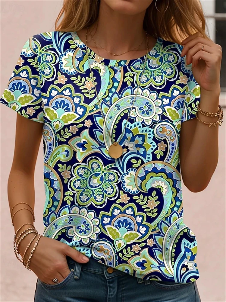 Women's Casual Round-Neck Short-Sleeve T-Shirt Gradient Floral Print T-Shirt with A Sophisticated Look Elegant Women's Top