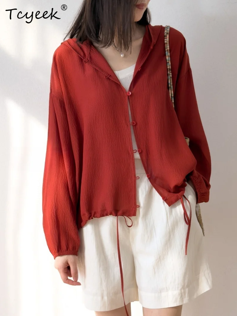Tcyeek 100% Real Mulberry Silk Women's Tops 2026 Summer Hooded Breathable Drawstring Sun Protection Top Woman Clothes Ropa Mujer