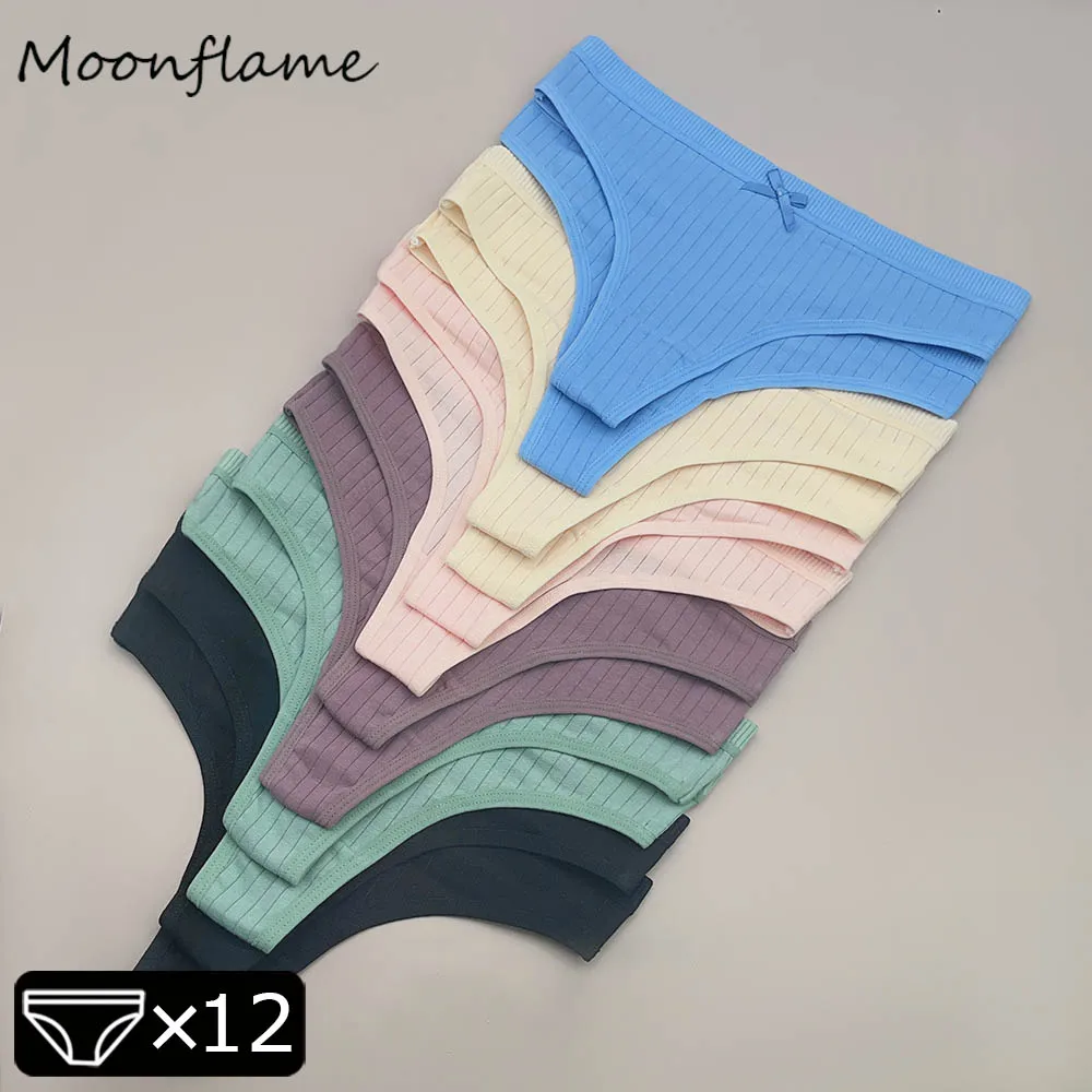 

Moonflame 12 Pcs Cotton Ribbed Thongs For Women Sexy Comfortable Panties Female Sports G-String Soft Lingeries