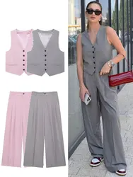 HH Women Vest Pant Sets Front False Welt Pockets Adjustable Back Strap V-Neck Vests High Waist Trousers Office Lady Suit