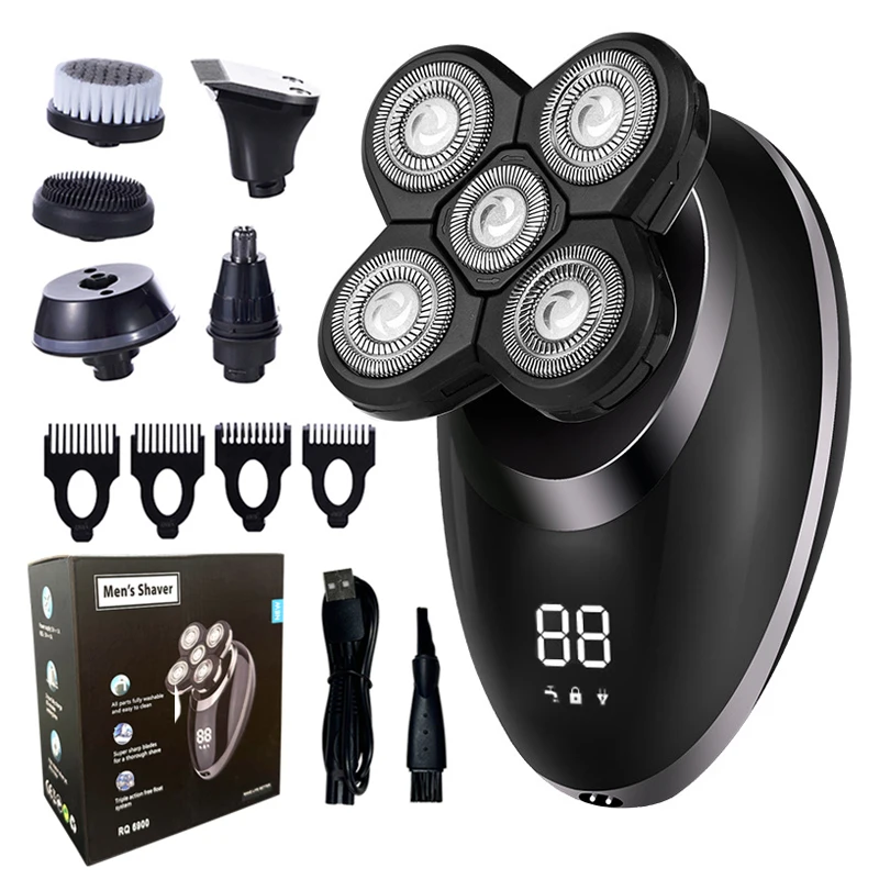 5 In 1 Electric Shaver For Men Bald Head Hair Clipper Nose Trimmer 5 Floating Blade Heads Shaving Beard Knife Rechargeable Razor
