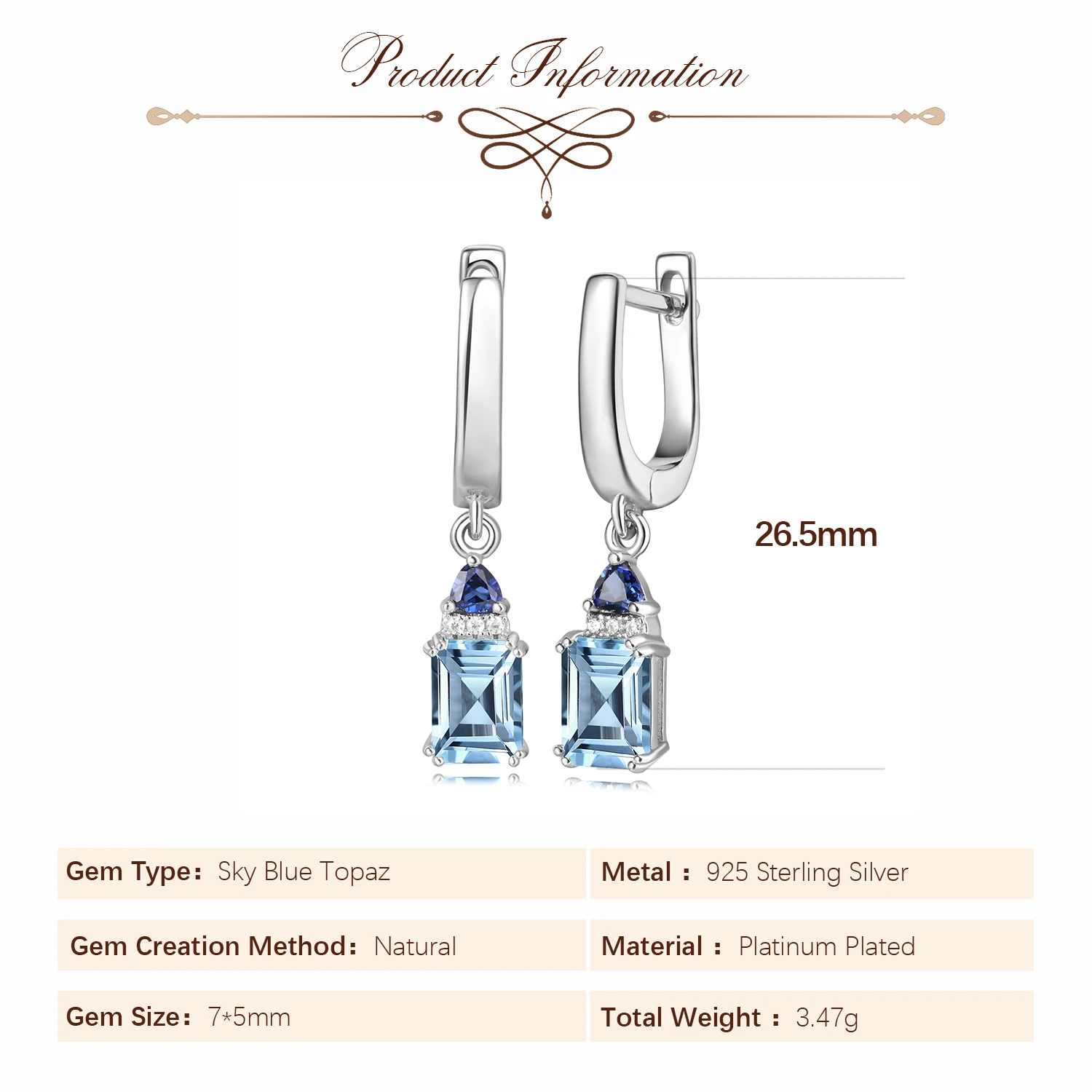 Potiy Total 2.5ct Emerald Cut Natural Sky Blue Topaz Dangle Drop Earrings 925 Sterling Silver for Women Gemstone Fine Jewelry