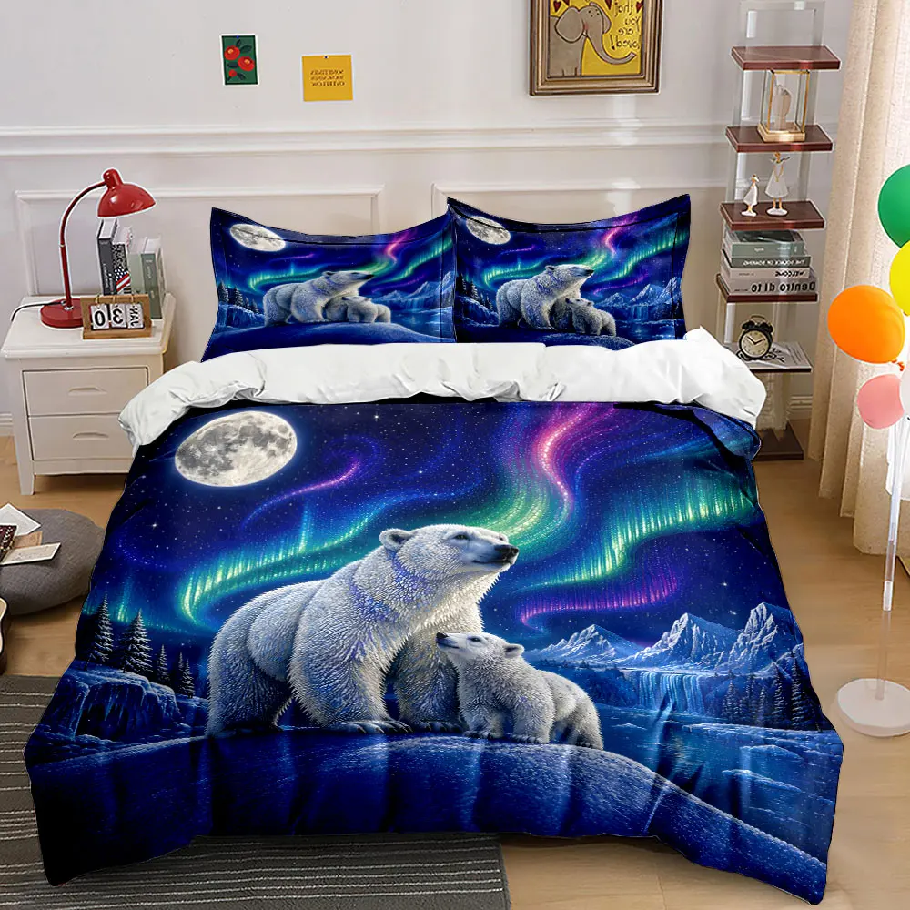 Arctic Landscape Polar Bear Bedding Print Bedding Set 1 Duvet Cover 2 Pillowcases for Adult and Children Luxury Gift Full Size
