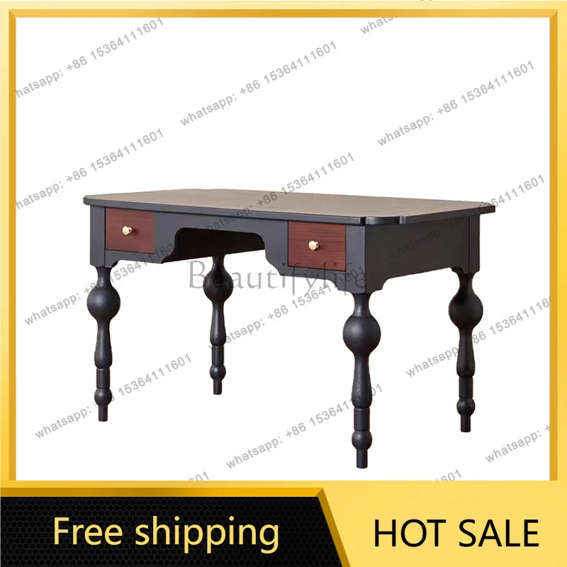 Zj. French retro solid wood desk villa antique Roman column drawer writing desk