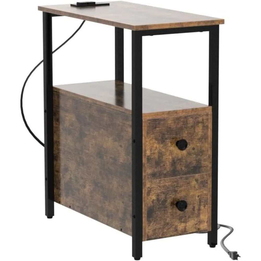 End Table with Charging Station, Narrow Side Table with 2 Wooden Drawers, USB Ports and Power Outlets