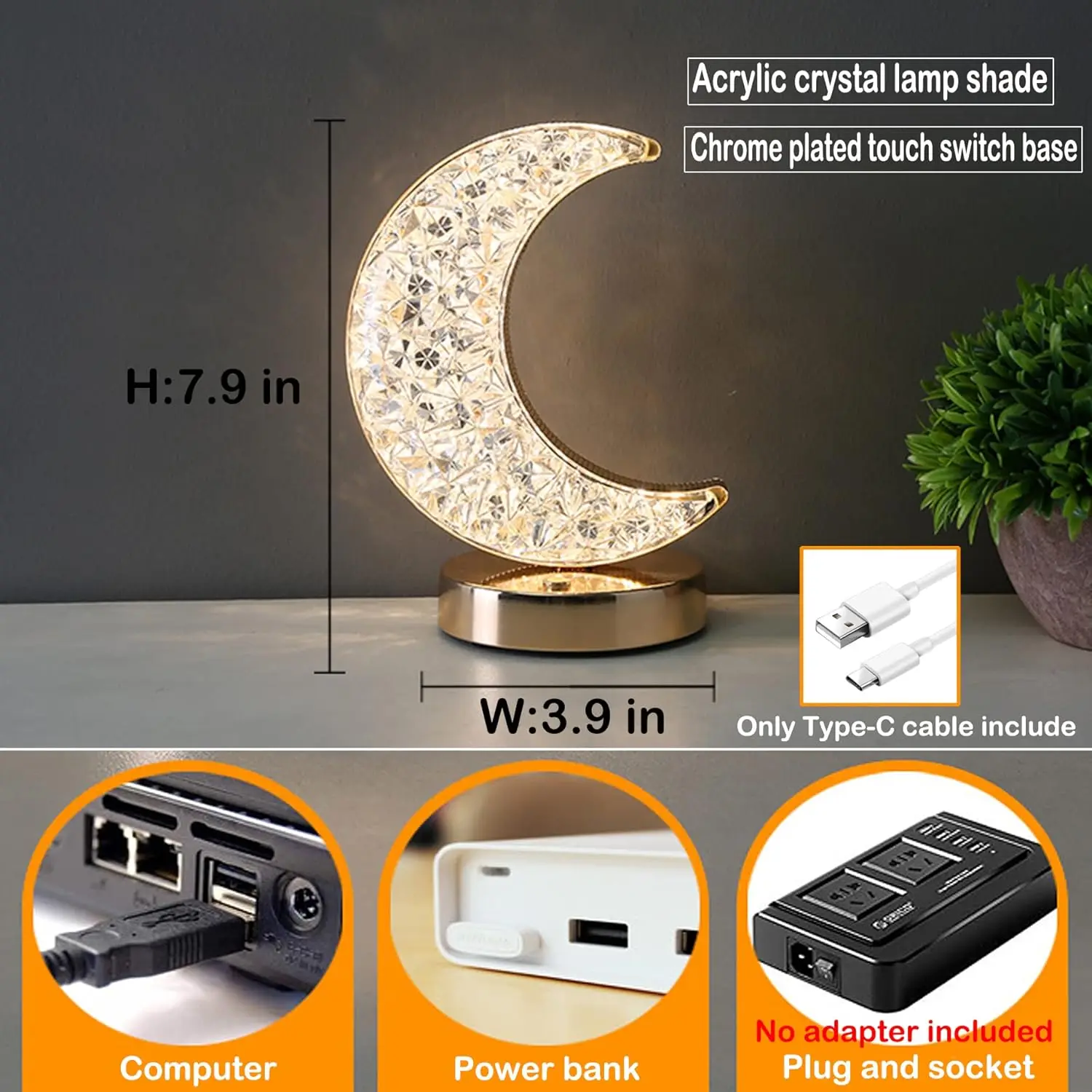 Bedside table lamp USB long touch stepless dimming 3 colour modes kindergarten night light acrylic crystal star and moon shape