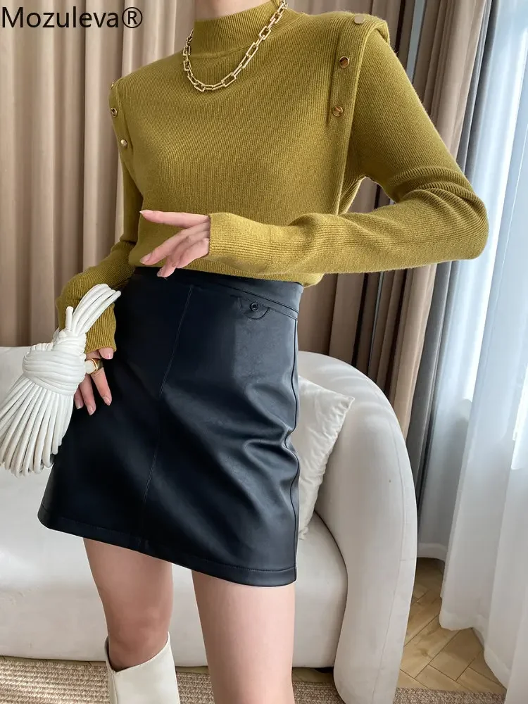 Mozuleva Korean Style  Mock Neck Knitting Bottoming Warm Sweaters Button Design  Autumn Winter Women\'s Pullovers Tops 2022