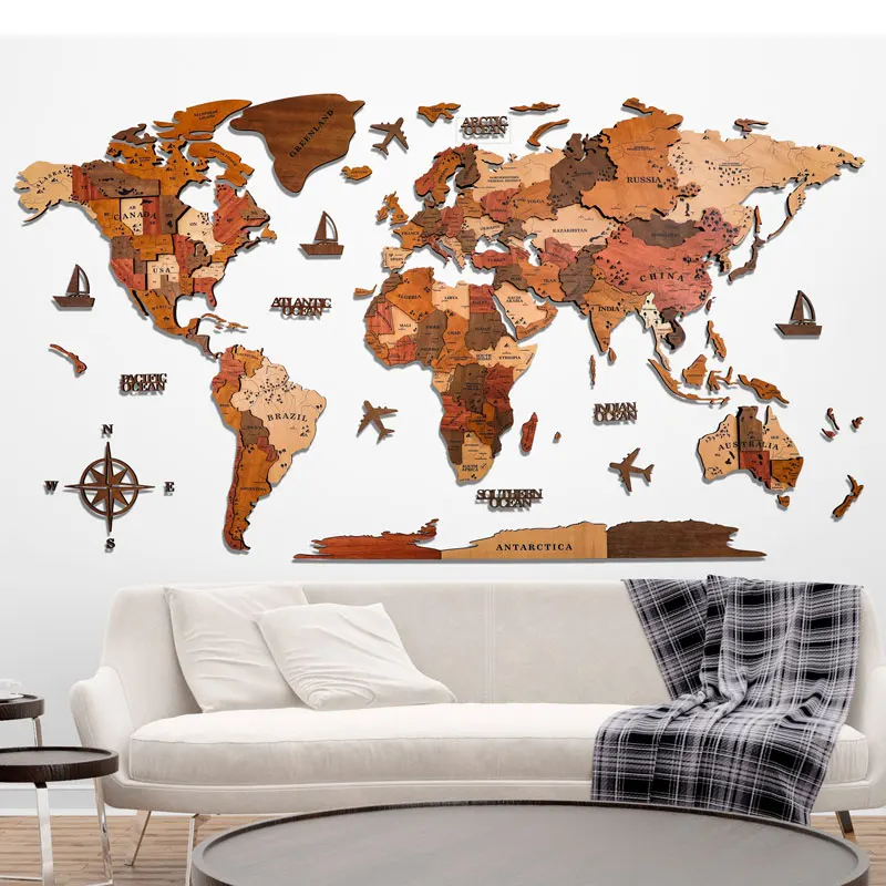 

Nordic world 3d three-dimensional solid wood map wall sticker wall decoration creative living room background wall