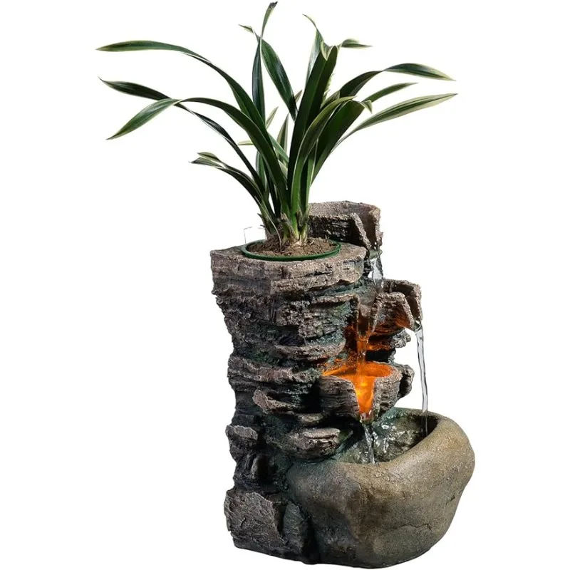 

Indoor Fountain 4-Bowl Rockery Soothing Sound Tabletop Fountains Home/Office Decor with a Small Plastic Pot to Grow The Plant