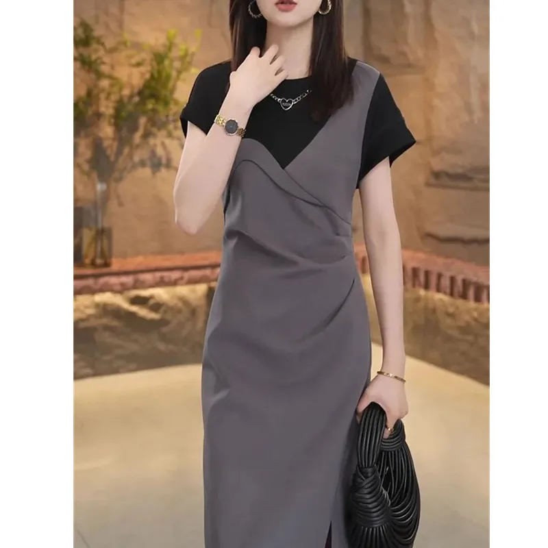 

Fashion Women's Contrast Color Fake Two Piece Dress 2023 Summer New Slim Elegant Short Sleeve Split Temperament Style Long Dress