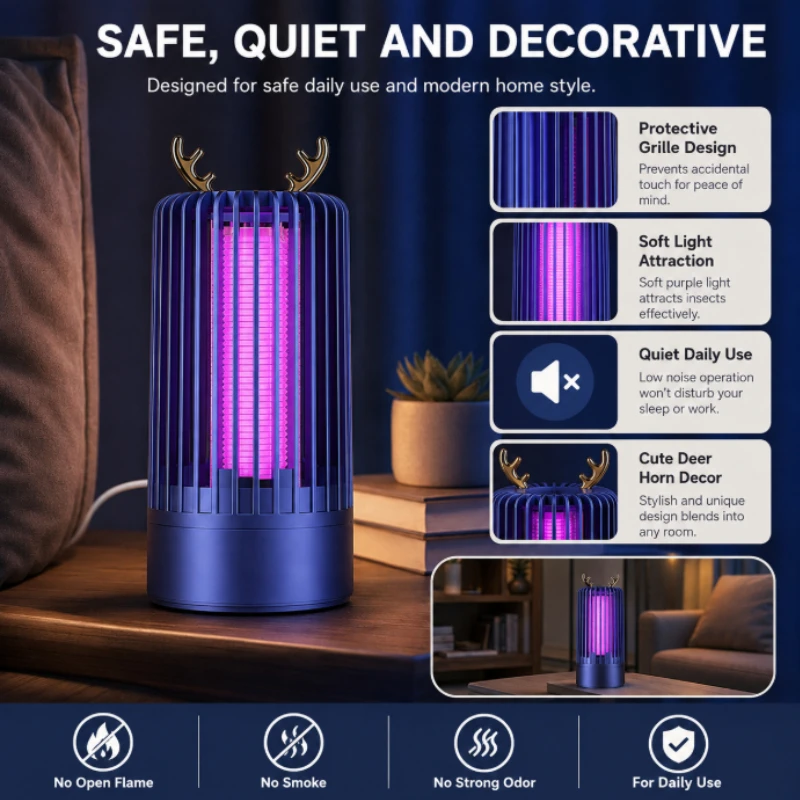 Low‑energy USB Electric Mosquito Trap Lamp Decorative Deer Horn Shape Insect Catcher Lamp for Bedroom Office Outdoor Activities